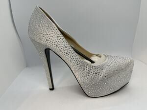 Women's Giselle-11 Rhinestone Studded Silver Satin Platform Pump 6.5" Heel-SZ 8